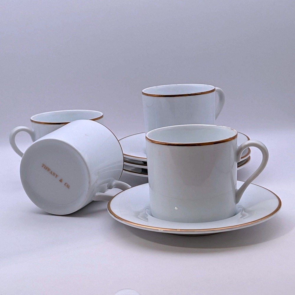 Vintage Tiffany & Co. Bone China Gold Rim Demitasse Espresso Cups & Saucers